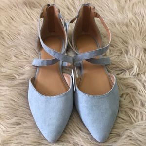 NWT light blue zip up cross cross strap flats